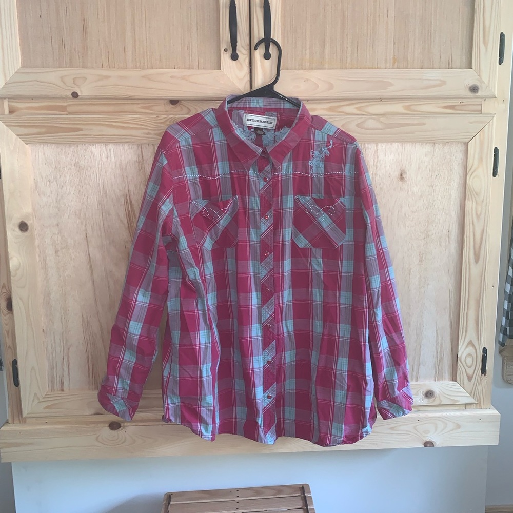 Bit & Bridle pink/gray plaid western blouse shirt size 2X